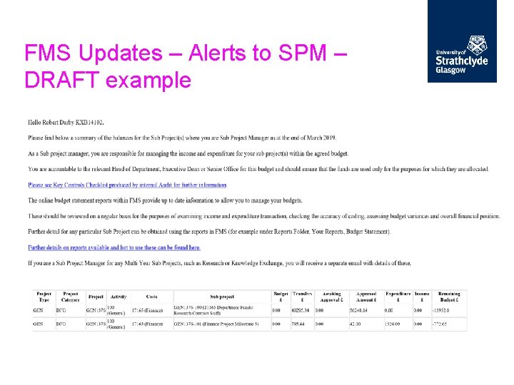 FMS Updates – Alerts to SPM – DRAFT example 