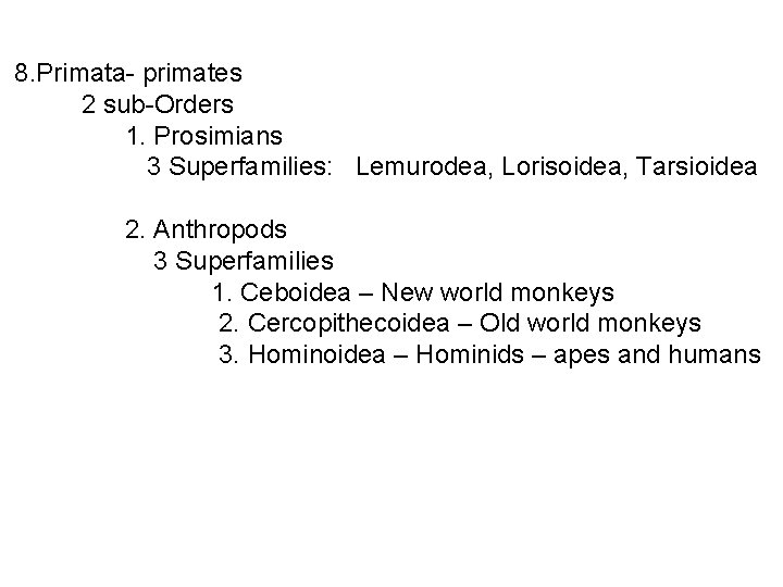  8. Primata- primates 2 sub-Orders 1. Prosimians 3 Superfamilies: Lemurodea, Lorisoidea, Tarsioidea 2.