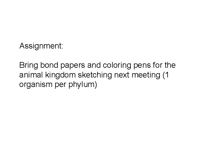 Assignment: Bring bond papers and coloring pens for the animal kingdom sketching next meeting