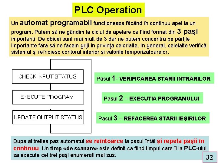 PLC Operation Un automat programabil functioneaza făcând în continuu apel la un program. Putem