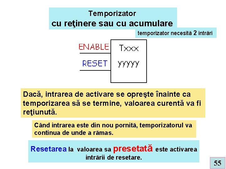 Temporizator cu reţinere sau cu acumulare temporizator necesită 2 intrări Dacă, intrarea de activare