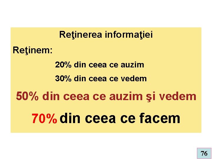 Reţinerea informaţiei Reţinem: 20% din ceea ce auzim 30% din ceea ce vedem 50%