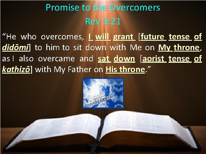Promise to the Overcomers Rev 3: 21 “He who overcomes, I will grant [future
