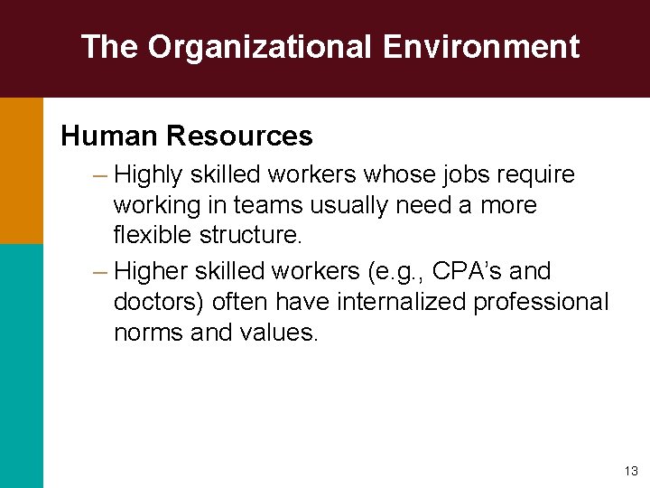 The Organizational Environment Human Resources – Highly skilled workers whose jobs require working in