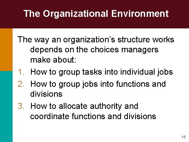 The Organizational Environment The way an organization’s structure works depends on the choices managers