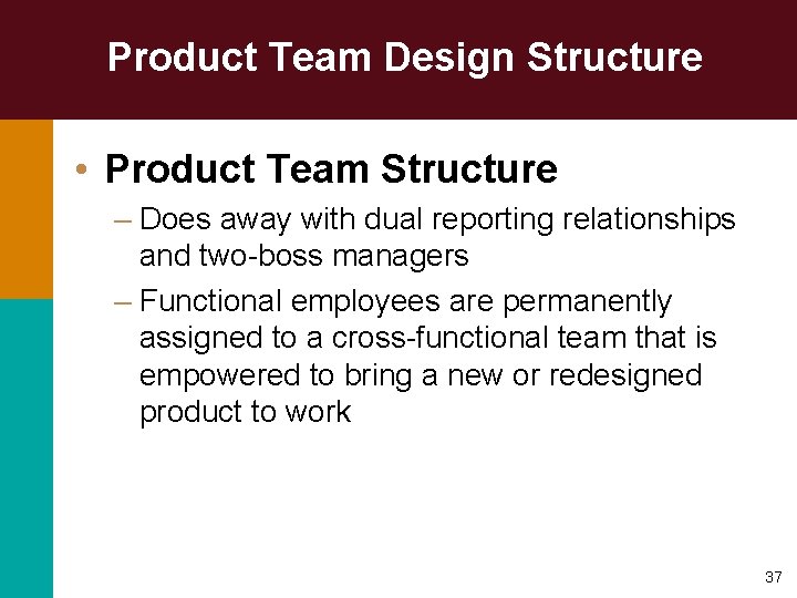 Product Team Design Structure • Product Team Structure – Does away with dual reporting