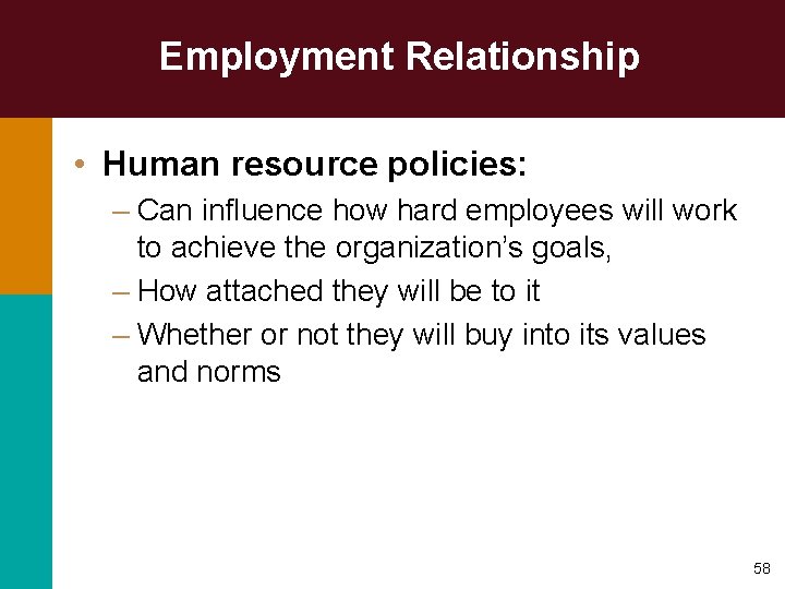 Employment Relationship • Human resource policies: – Can influence how hard employees will work