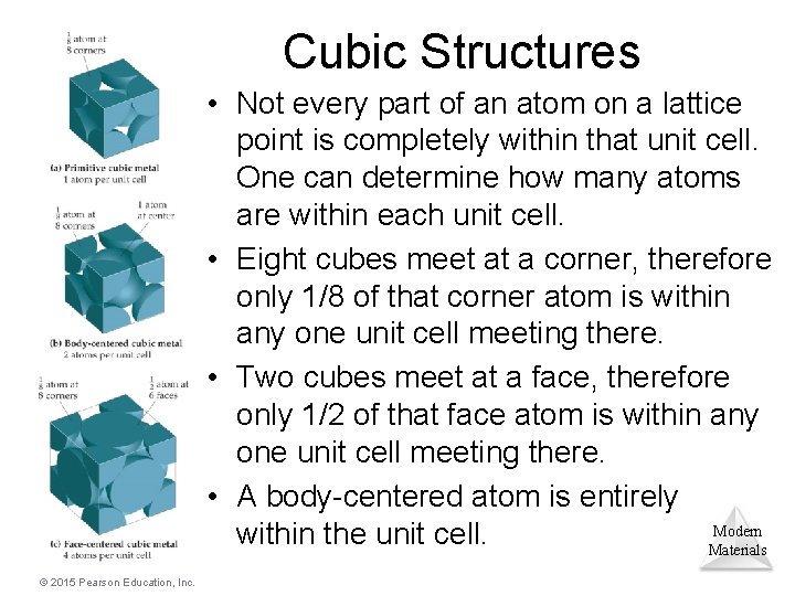 Cubic Structures • Not every part of an atom on a lattice point is