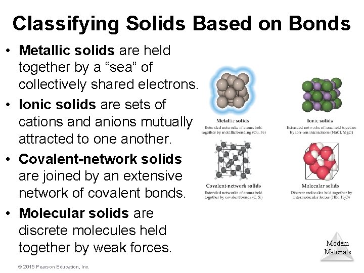 Classifying Solids Based on Bonds • Metallic solids are held together by a “sea”