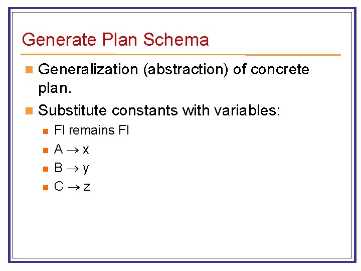 Generate Plan Schema Generalization (abstraction) of concrete plan. n Substitute constants with variables: n