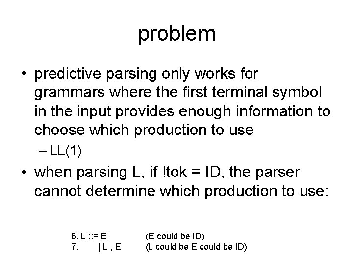 problem • predictive parsing only works for grammars where the first terminal symbol in