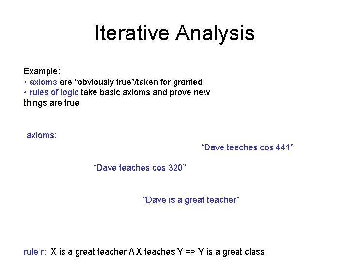 Iterative Analysis Example: • axioms are “obviously true”/taken for granted • rules of logic