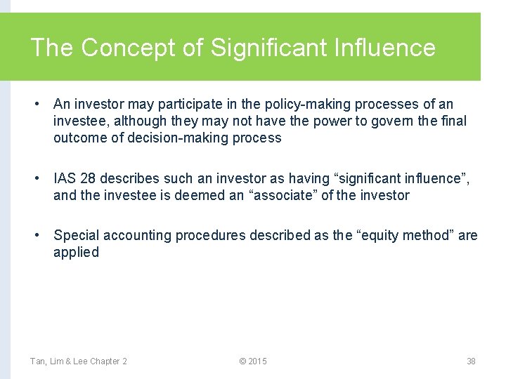 The Concept of Significant Influence • An investor may participate in the policy-making processes