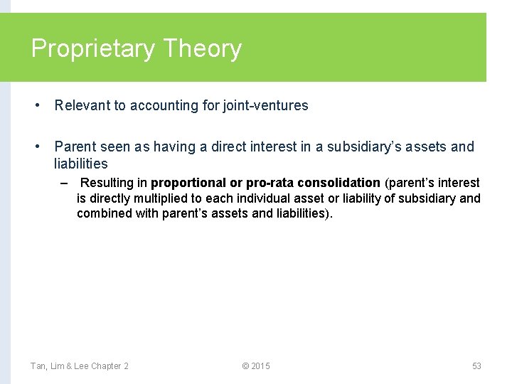 Proprietary Theory • Relevant to accounting for joint-ventures • Parent seen as having a