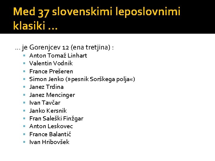 Med 37 slovenskimi leposlovnimi klasiki. . . je Gorenjcev 12 (ena tretjina) : Anton