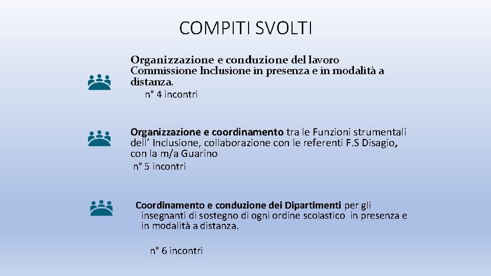 COMPITI SVOLTI Organizzazione e conduzione del lavoro Commissione Inclusione in presenza e in modalità