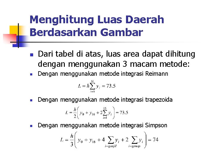 Menghitung Luas Daerah Berdasarkan Gambar n Dari tabel di atas, luas area dapat dihitung Menghitung Luas Daerah Berdasarkan Gambar n Dari tabel di atas, luas area dapat dihitung