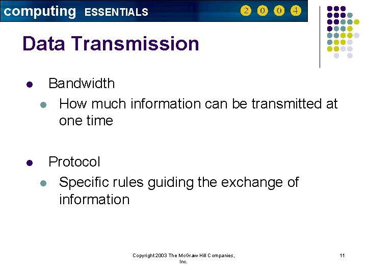 computing ESSENTIALS Data Transmission l Bandwidth l How much information can be transmitted at