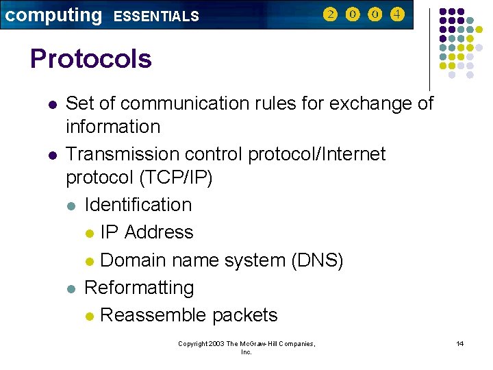 computing ESSENTIALS Protocols l l Set of communication rules for exchange of information Transmission