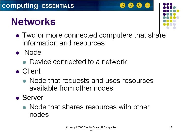 computing ESSENTIALS Networks l l Two or more connected computers that share information and