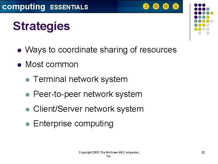 computing ESSENTIALS Strategies l Ways to coordinate sharing of resources l Most common l