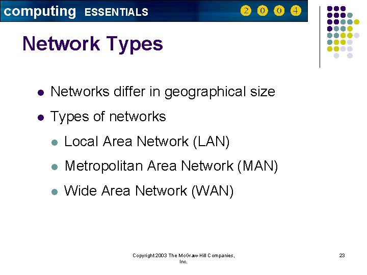 computing ESSENTIALS Network Types l Networks differ in geographical size l Types of networks