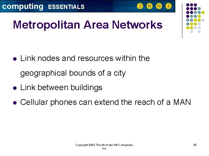 computing ESSENTIALS Metropolitan Area Networks l Link nodes and resources within the geographical bounds