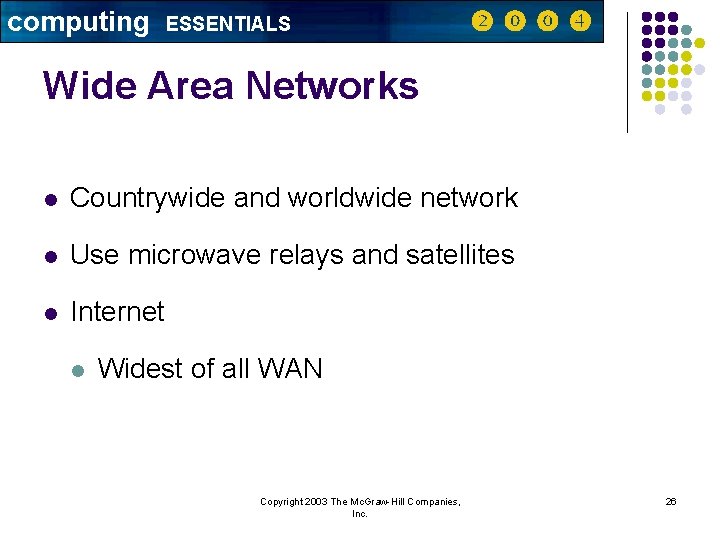 computing ESSENTIALS Wide Area Networks l Countrywide and worldwide network l Use microwave relays