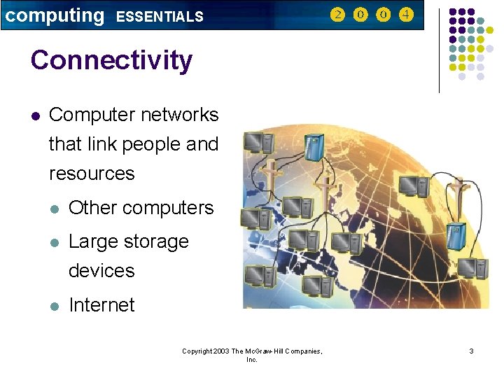 computing ESSENTIALS Connectivity l Computer networks that link people and resources l Other computers