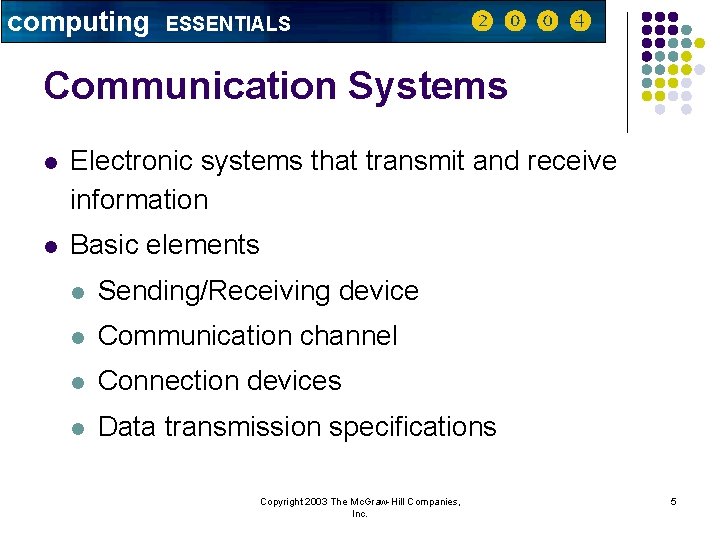 computing ESSENTIALS Communication Systems l Electronic systems that transmit and receive information l Basic