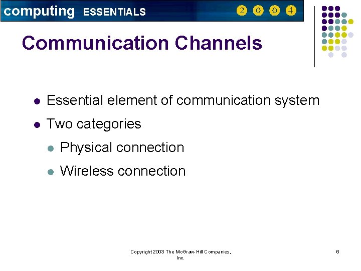 computing ESSENTIALS Communication Channels l Essential element of communication system l Two categories l