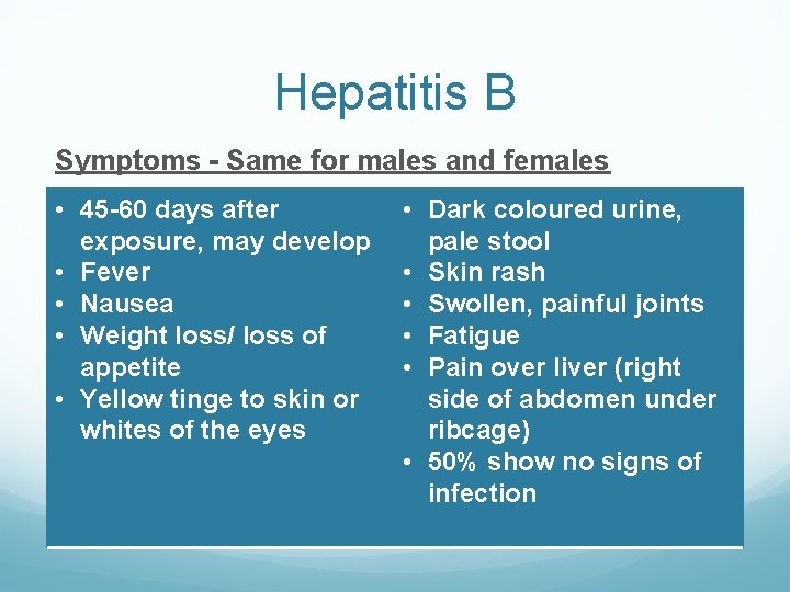 Hepatitis B Symptoms - Same for males and females • 45 -60 days after Hepatitis B Symptoms - Same for males and females • 45 -60 days after