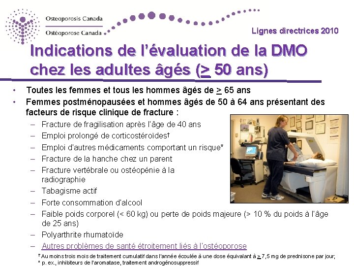 Lignes directrices 2010 Indications de l’évaluation de la DMO chez les adultes âgés (>