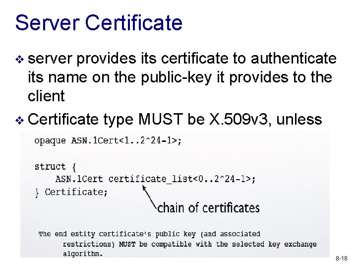 Server Certificate v server provides its certificate to authenticate its name on the public-key