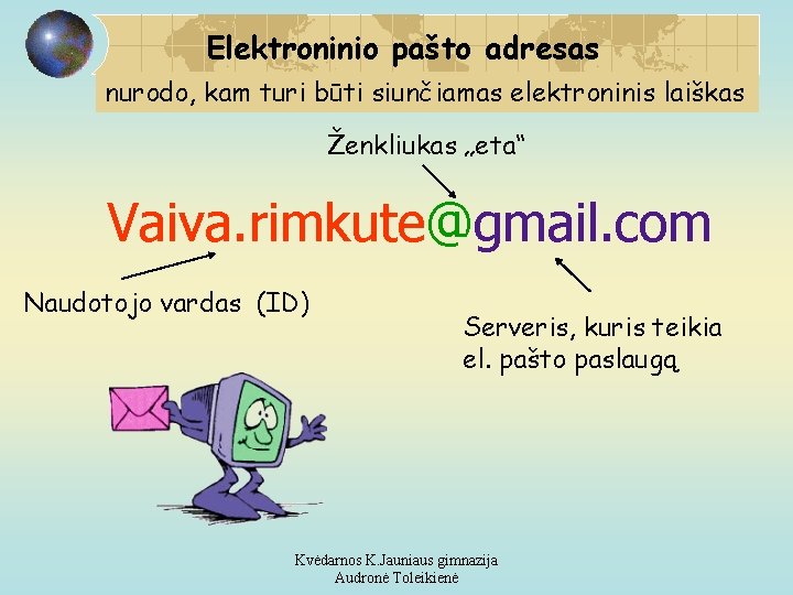 Elektroninio pašto adresas nurodo, kam turi būti siunčiamas elektroninis laiškas Ženkliukas „eta“ Vaiva. rimkute@gmail.
