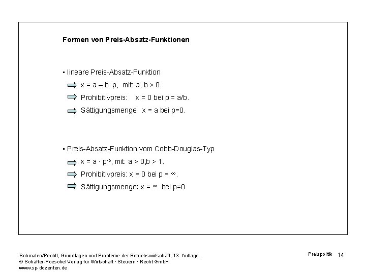 Formen von Preis-Absatz-Funktionen • lineare Preis-Absatz-Funktion x = a – b∙ p, mit: a,