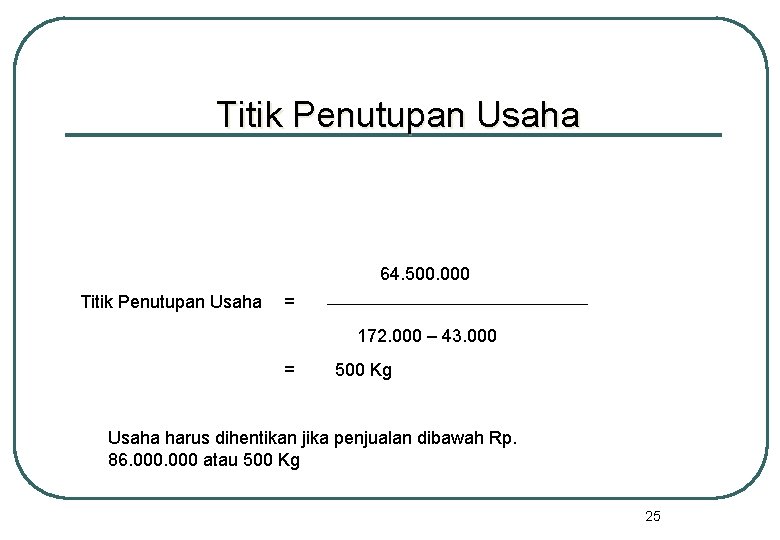 Titik Penutupan Usaha 64. 500. 000 Titik Penutupan Usaha = 172. 000 – 43. Titik Penutupan Usaha 64. 500. 000 Titik Penutupan Usaha = 172. 000 – 43.