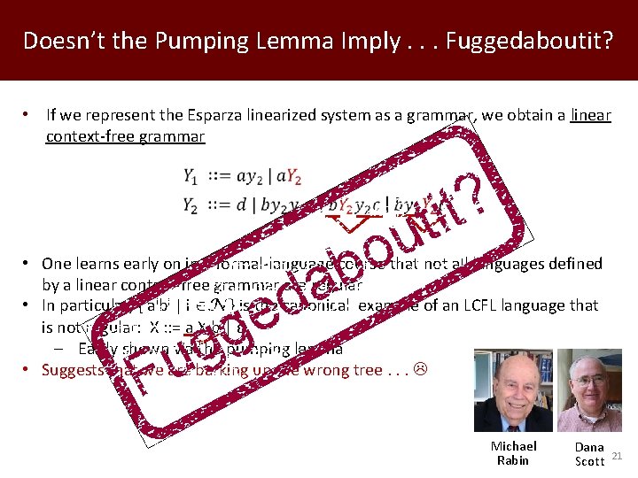 Doesn’t the Pumping Lemma Imply. . . Fuggedaboutit? • If we represent the Esparza