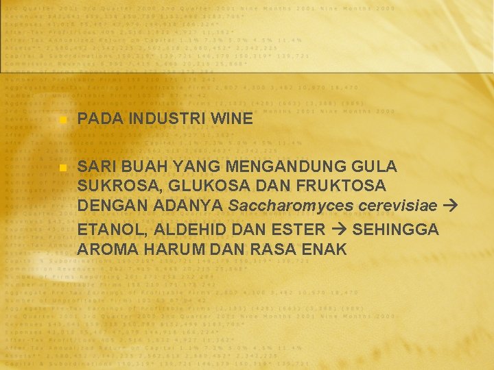 n PADA INDUSTRI WINE n SARI BUAH YANG MENGANDUNG GULA SUKROSA, GLUKOSA DAN FRUKTOSA