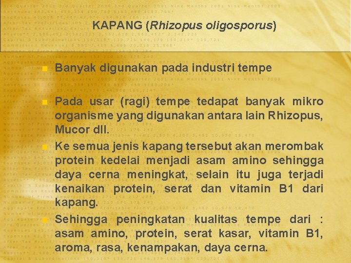 KAPANG (Rhizopus oligosporus) n Banyak digunakan pada industri tempe n Pada usar (ragi) tempe