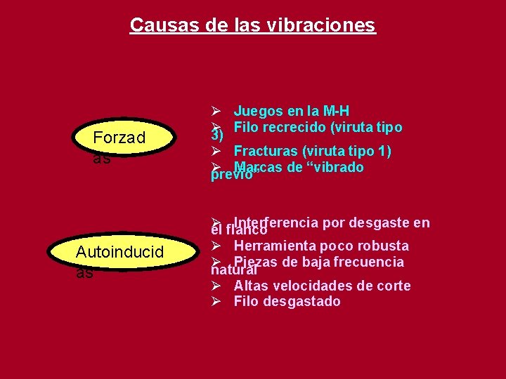 Causas de las vibraciones Forzad as Autoinducid as Ø Juegos en la M-H Ø Causas de las vibraciones Forzad as Autoinducid as Ø Juegos en la M-H Ø