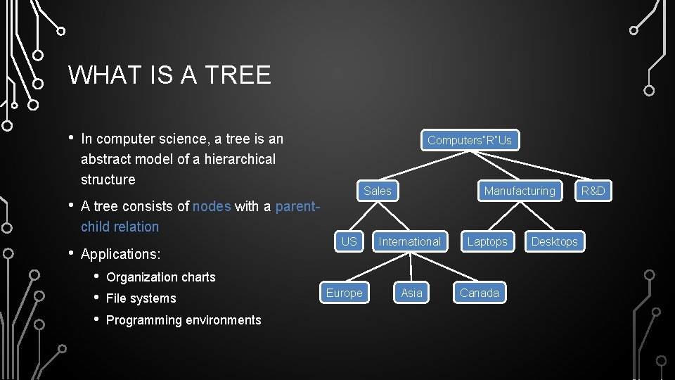WHAT IS A TREE • • • In computer science, a tree is an