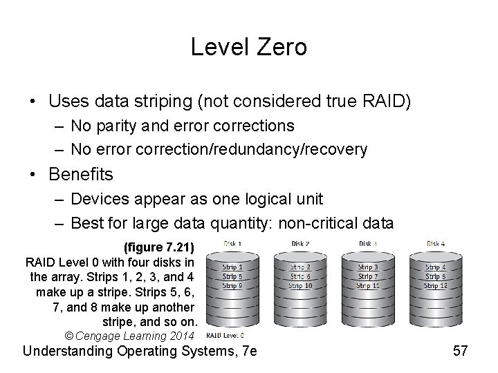 Level Zero • Uses data striping (not considered true RAID) – No parity and