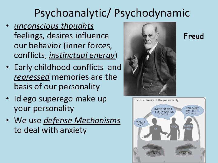 Psychoanalytic/ Psychodynamic • unconscious thoughts feelings, desires influence our behavior (inner forces, conflicts, instinctual Psychoanalytic/ Psychodynamic • unconscious thoughts feelings, desires influence our behavior (inner forces, conflicts, instinctual
