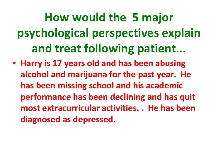 How would the 5 major psychological perspectives explain and treat following patient. . . How would the 5 major psychological perspectives explain and treat following patient. . .