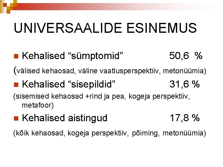 UNIVERSAALIDE ESINEMUS n Kehalised “sümptomid” 50, 6 % (välised kehaosad, väline vaatlusperspektiiv, metonüümia) n