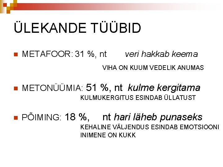 ÜLEKANDE TÜÜBID n METAFOOR: 31 %, nt veri hakkab keema VIHA ON KUUM VEDELIK