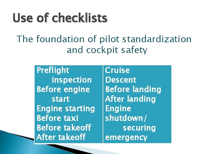 Use of checklists The foundation of pilot standardization and cockpit safety Preflight inspection Before Use of checklists The foundation of pilot standardization and cockpit safety Preflight inspection Before