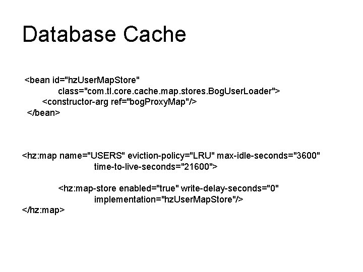 Database Cache <bean id="hz. User. Map. Store" class="com. tl. core. cache. map. stores. Bog. Database Cache <bean id="hz. User. Map. Store" class="com. tl. core. cache. map. stores. Bog.