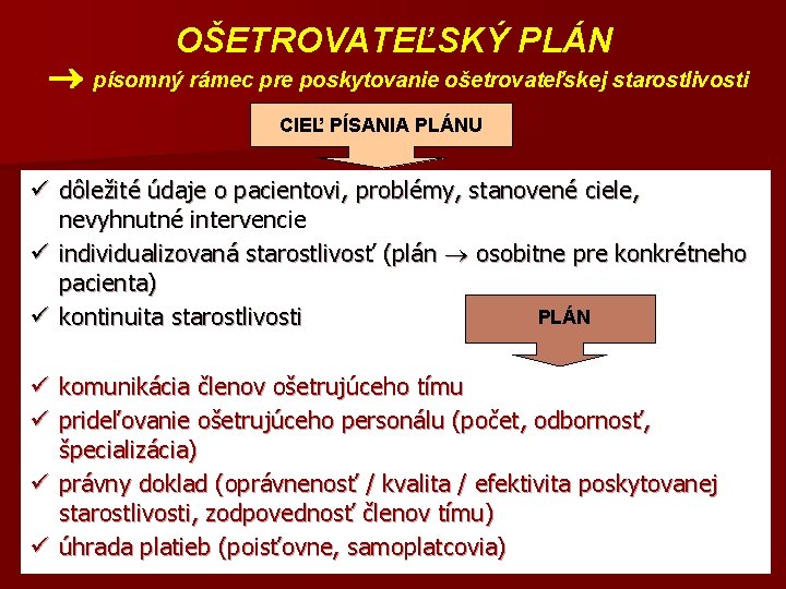 OŠETROVATEĽSKÝ PLÁN písomný rámec pre poskytovanie ošetrovateľskej starostlivosti CIEĽ PÍSANIA PLÁNU ü dôležité údaje